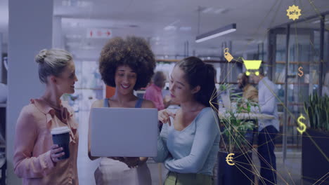 Animation-of-network-of-retail-icons-over-diverse-female-colleagues-using-laptop-at-casual-office