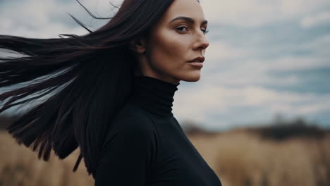 woman in a black turtleneck in a field