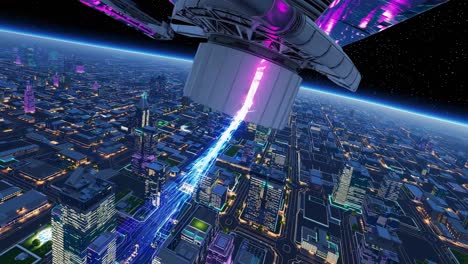 futuristic city connected to space satellite