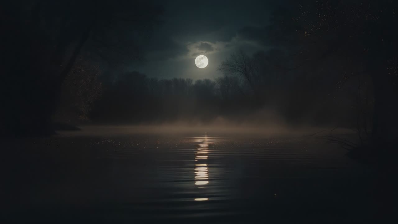 Shining full moon causing ripples across misty lake at night, revealing treeline silhouettes