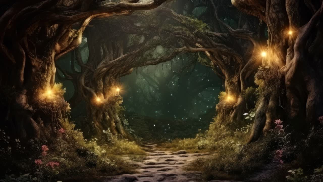 Enchanting forest path with glowing lights, captured from a low angle