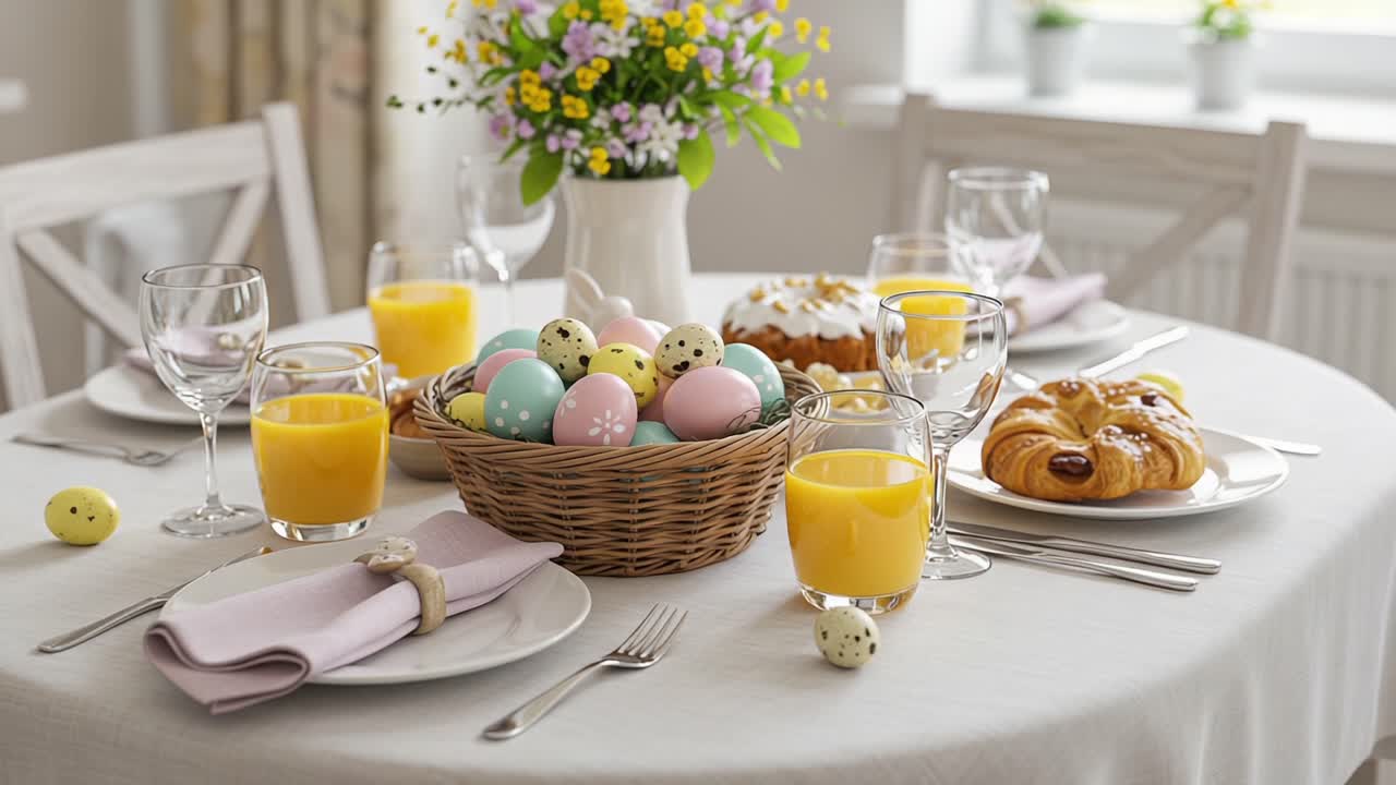 A Cheerful Spring Celebration: A Festive Table Set for Easter with Colorful Eggs, Refreshing Juices, and Delicious Pastries Amidst Blooming Flowers