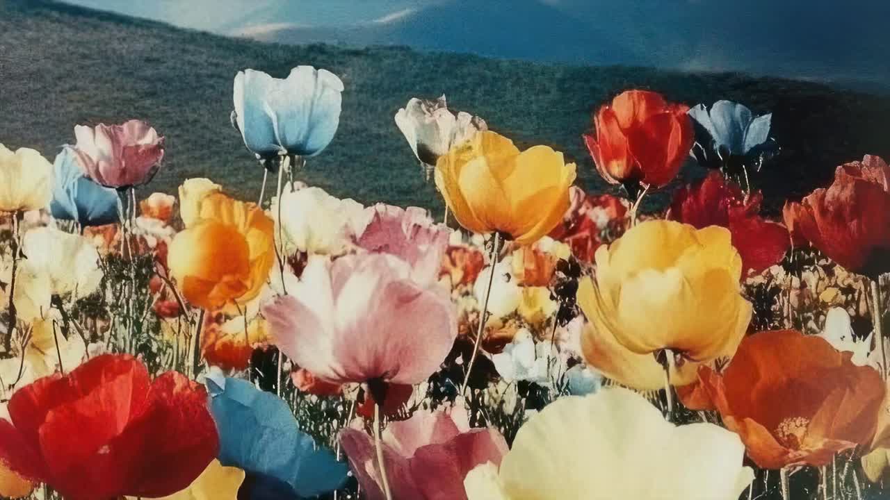 Vibrant poppies in a field, captured from a low-angle, create a dreamy, colorful landscape