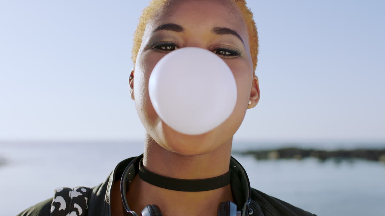 Funny, face and bubble gum with black woman