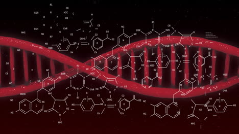 animation of scientific data processing and dna strand over black background