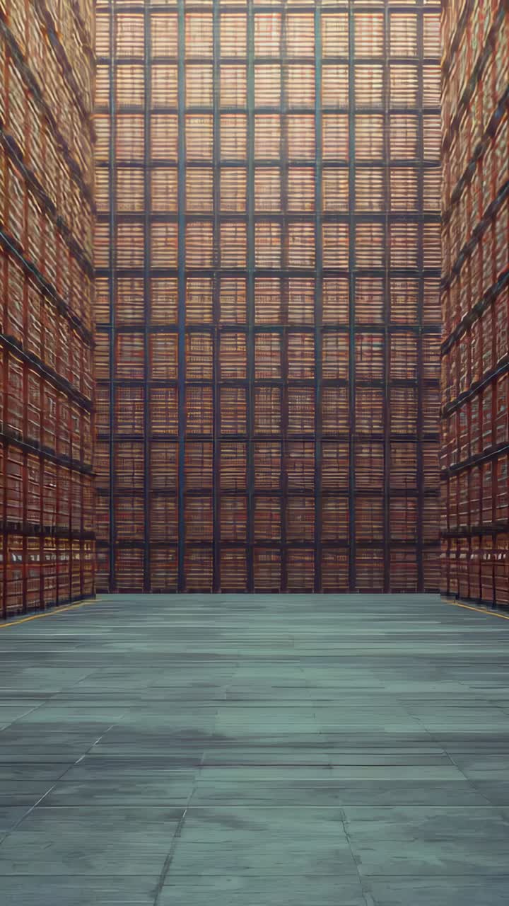 Vertical video: Starting camera showing empty floor and tall crate wall in warehouse for inventory