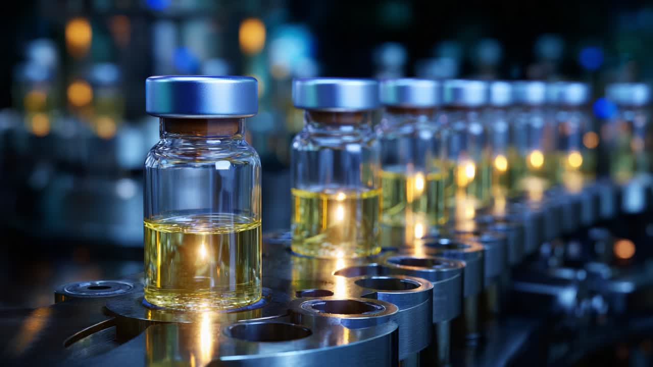 A Close-Up View of a Production Line Featuring Glass Vials Filled with Yellow Liquid Being Processed in a High-Tech Laboratory Environment, Illustrating Modern Pharmaceutical Manufacturing Techniques and Quality Control