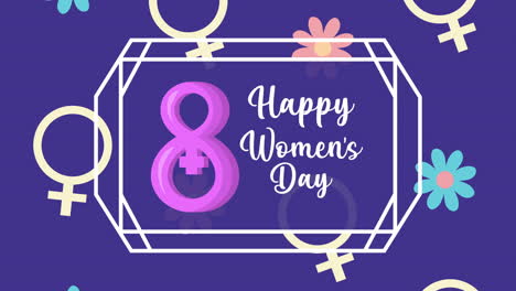 happy womens day lettering animation with female genders symbols and flowers