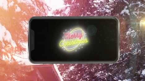 animación de texto de feliz navidad en el teléfono inteligente sobre abetos