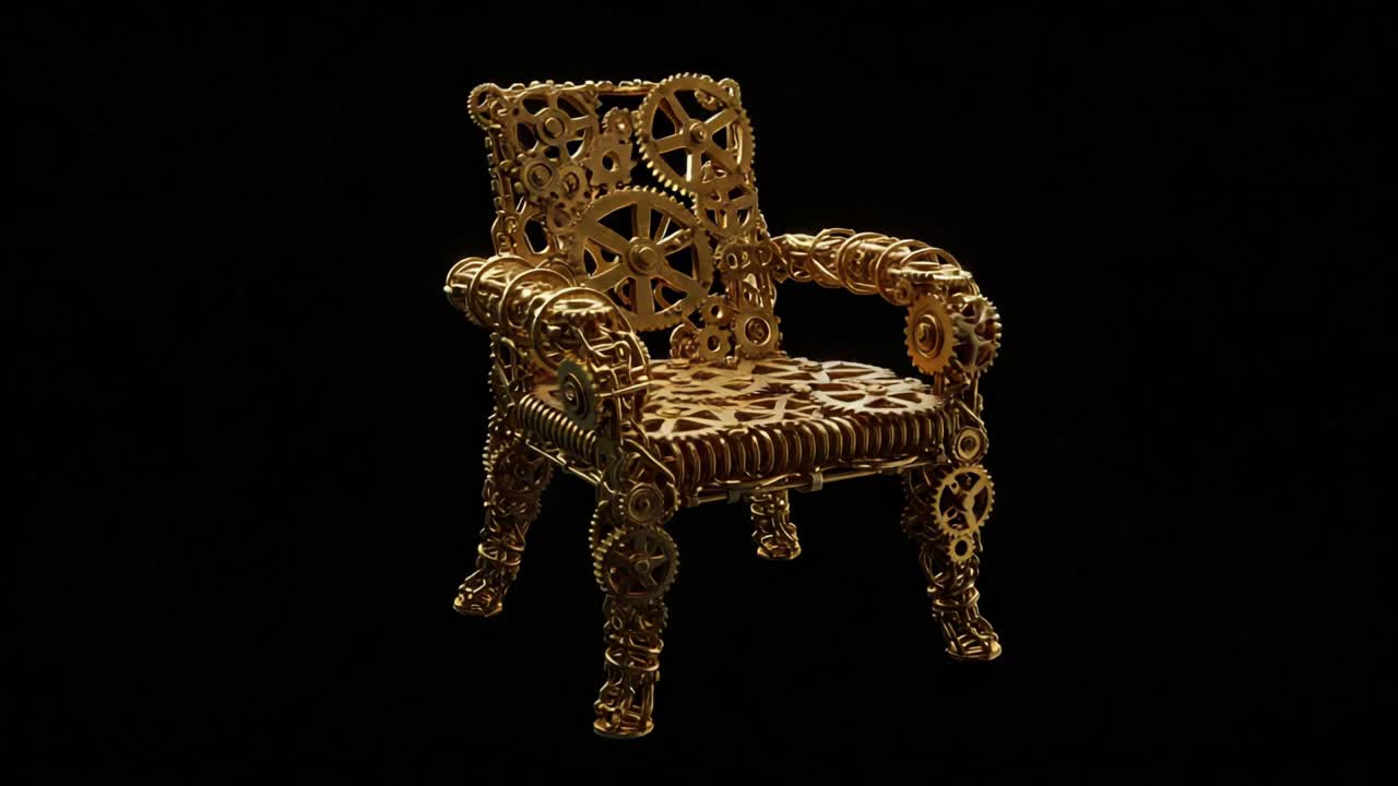 Intricate Steampunk Chair Crafted from Metallic Gears, Showcasing a Unique Design with Elaborate Detailing and Vintage Aesthetic in a Dark Background