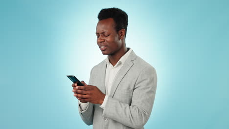 Angry,-black-man-and-phone-text-with-spam