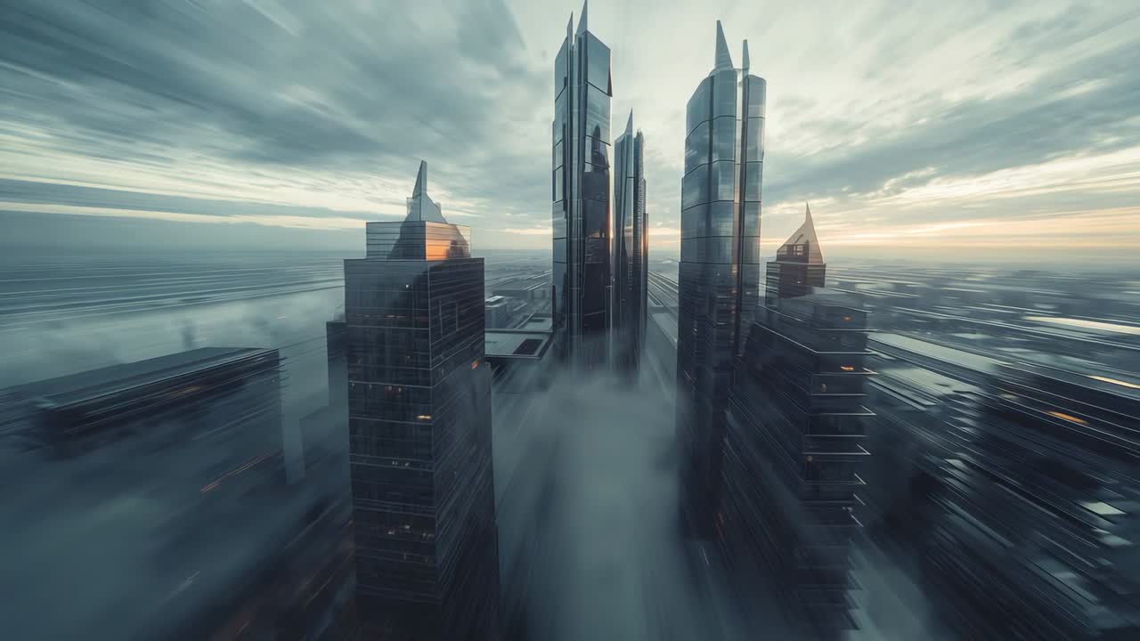 Gliding camera revealing skyscrapers emerging from fog in coastal plain with gleaming facades
