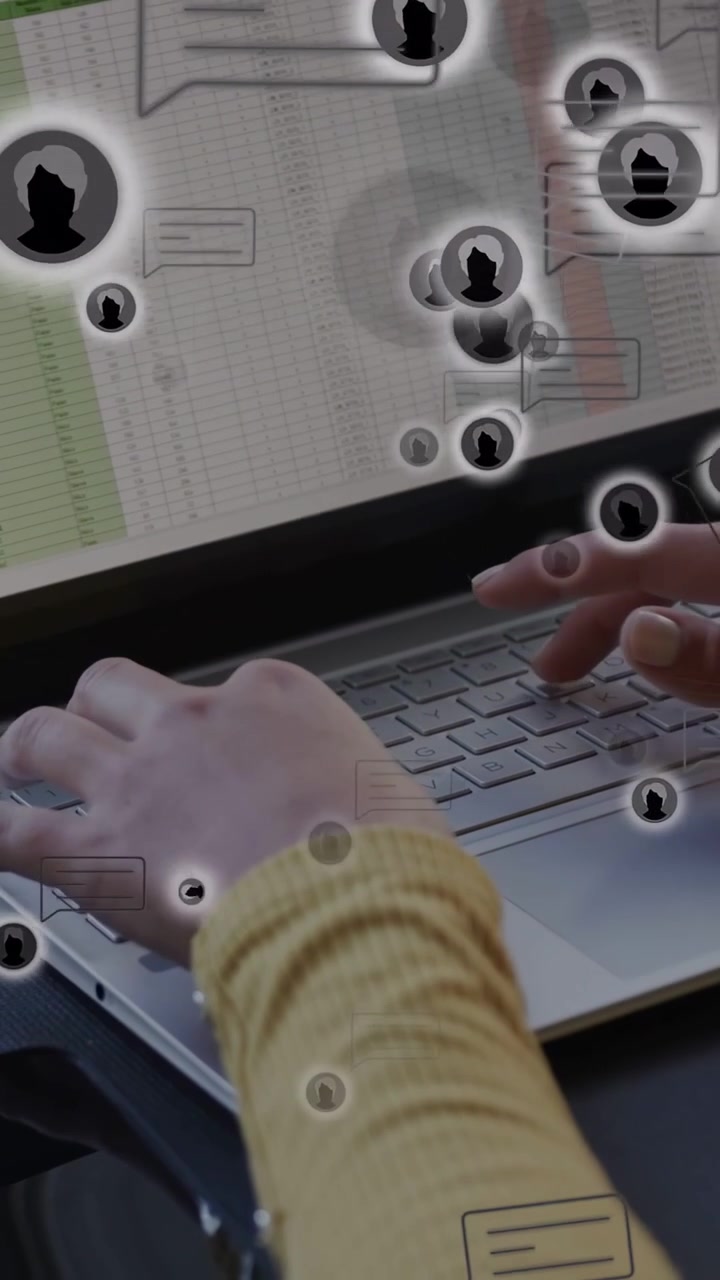 Vertical video: Woman typing, moving on pad, causing avatar and chat bubbles over business sheet