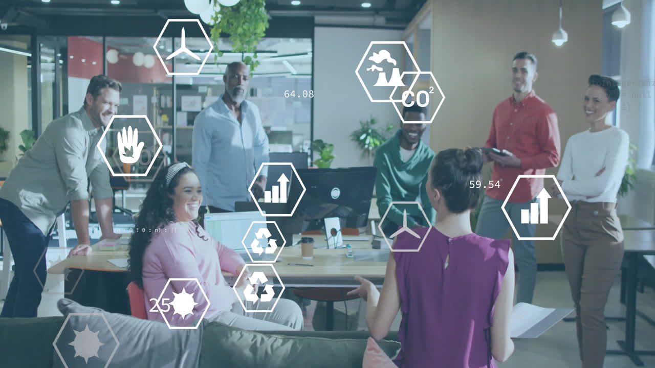 Animation of data processing and ecology icons over diverse colleagues discussing work in office