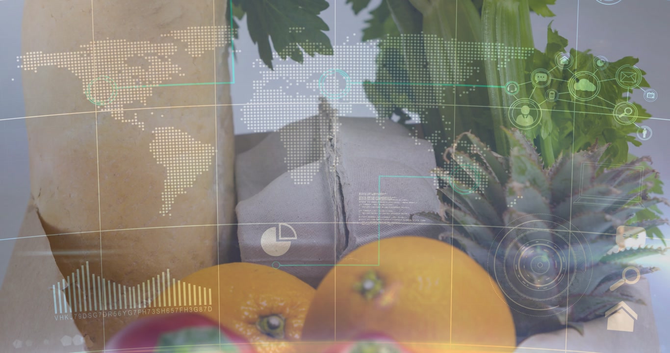 HUD appearing, fruit arrangement staying centered while overlay showing map and radar for branding