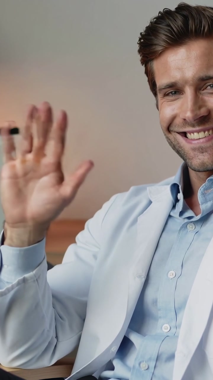 Man raising right hand and activating animated greeting icons from palm, welcoming business team