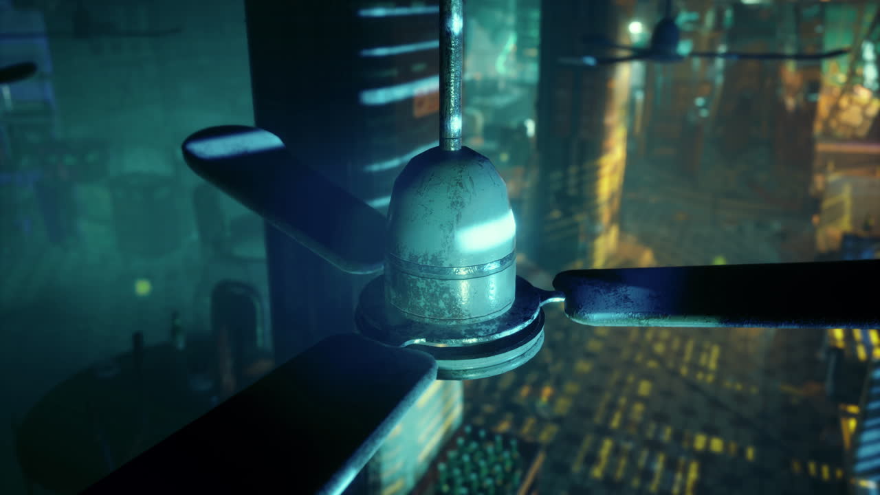 Fan spins in a futuristic cityscape filled with vibrant lights at night