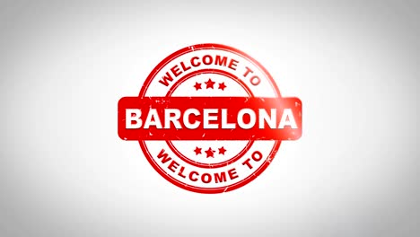 bienvenido a barcelona firmado texto de estampado animación de sello de madera. tinta roja en papel blanco limpio fondo de superficie con fondo matte verde incluido.
