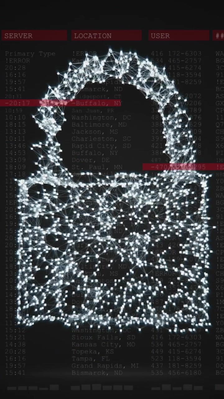 Animation of security padlock over data processing on dark background