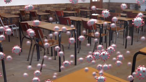 Animation-of-macro-Covid-19-cells-floating-over-an-empty-classroom.-Coronavirus-Covid-19-pandemic-co