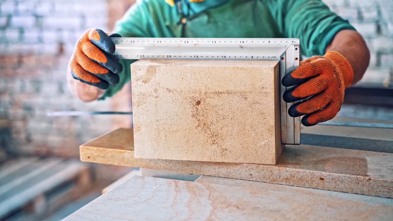 hombre en uniforme de protección con máscara mide las losas de piedra en la fábrica.