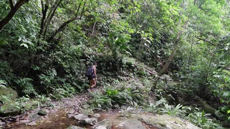 latina woman crosses stream on tropical jungle hike in honduras