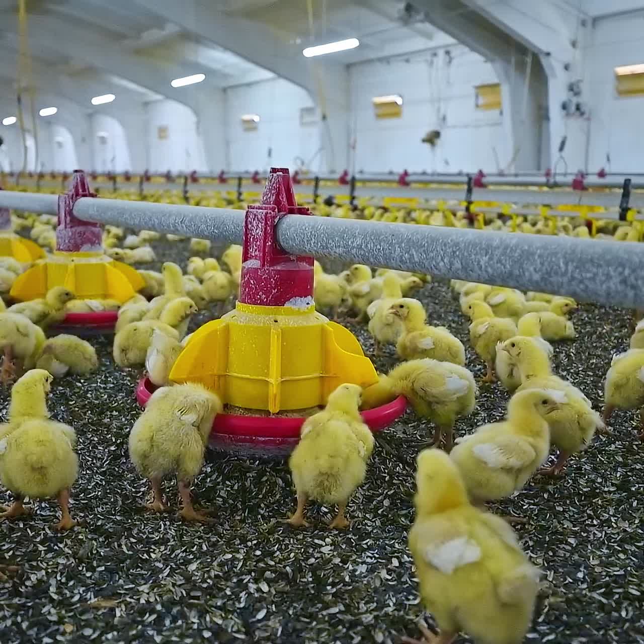 Grande grupo de pintinhos recém-nascidos em uma granja de frangos. Pequenos pássaros comendo grãos do alimentador especial. Conceito de negócio agrícola