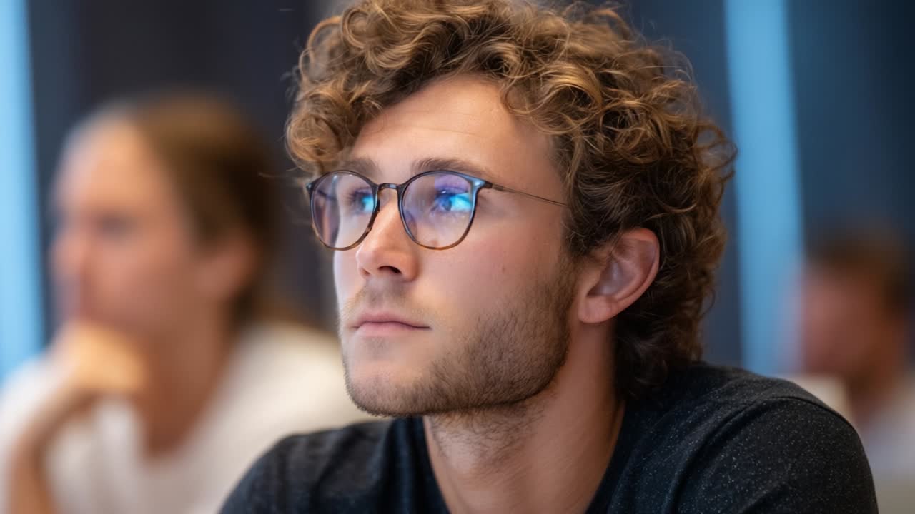 Focused young individual absorbed in thought during a gathering, showcasing an intense expression of contemplation and engagement in a social or educational setting, highlighting curiosity and reflection