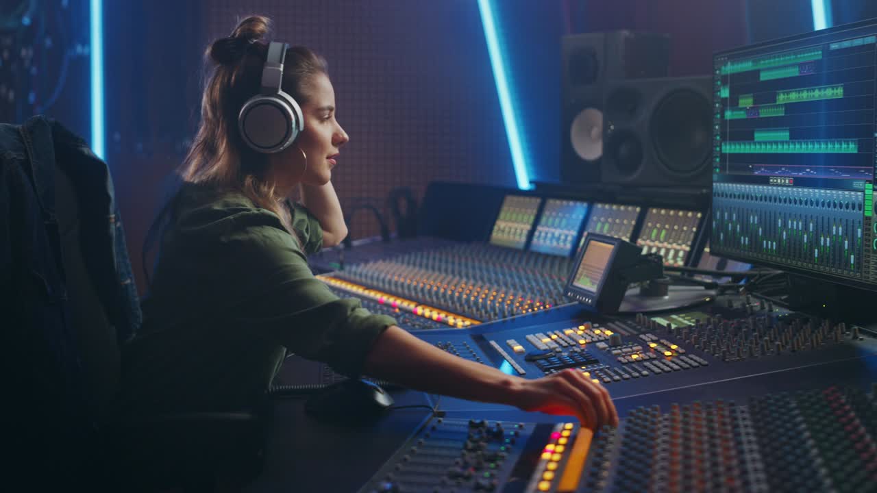 artista femenina elegante músico, ingeniero de audio, productor que trabaja en un estudio de grabación de música, utiliza el mezclador de mesa de control para crear un éxito. la pantalla de la computadora muestra la interfaz de usuario del software daw con la reproducción de canciones
