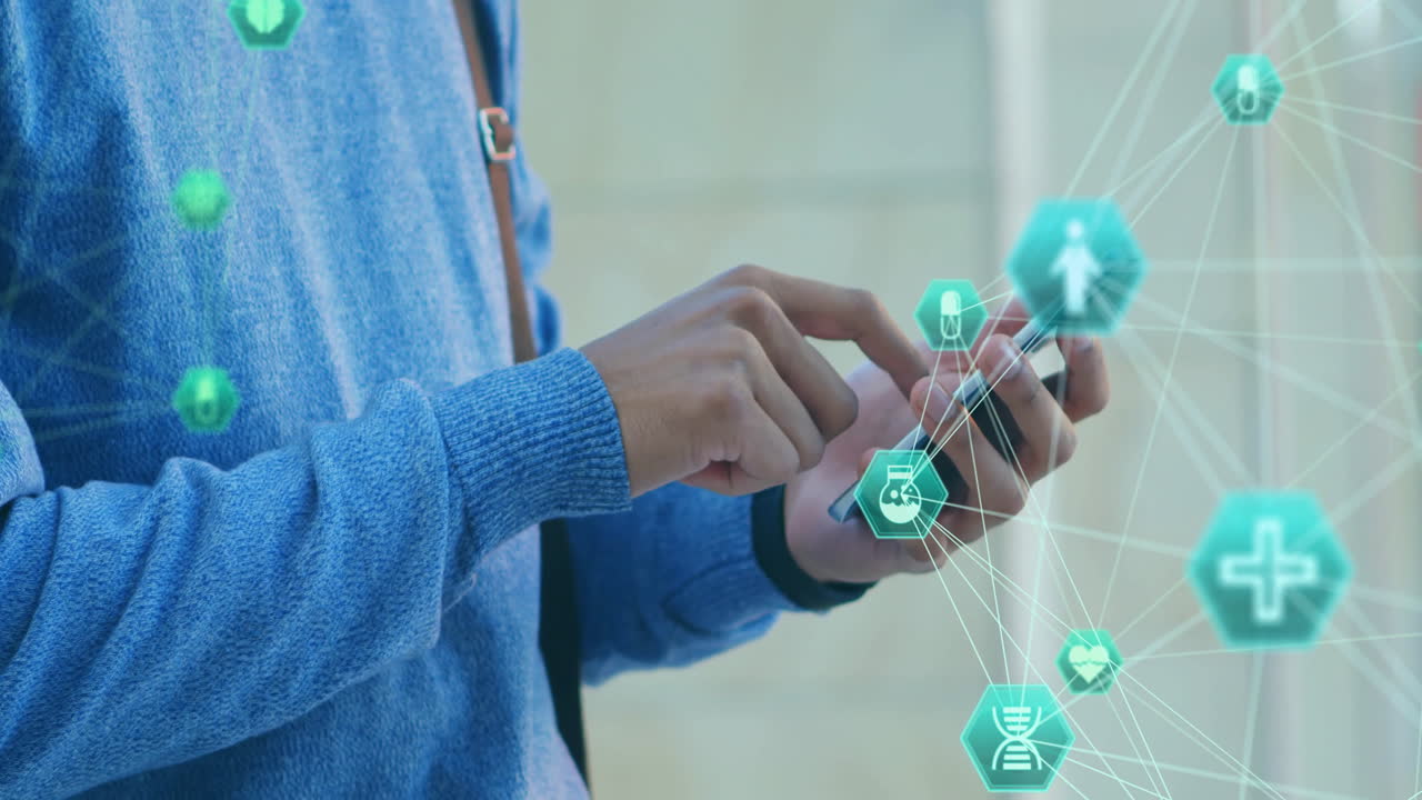 uso de teléfonos inteligentes, persona que interactúa con la animación de la red de atención médica en la escuela