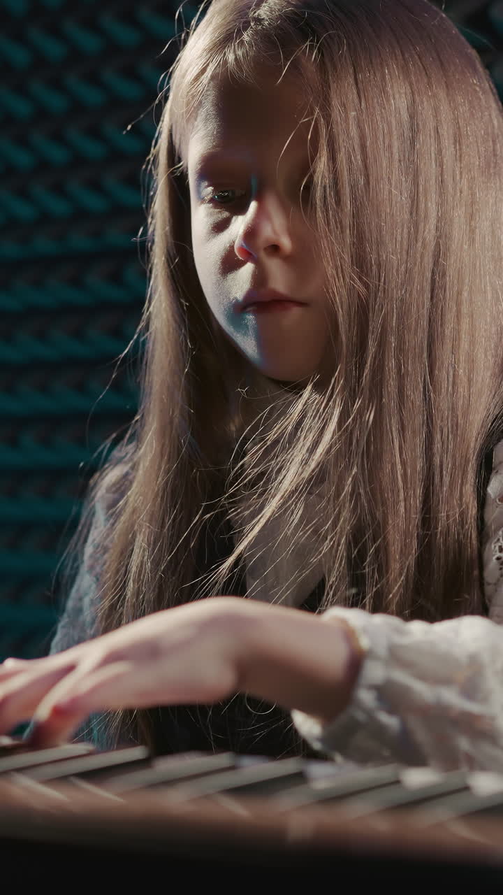 아이의 손가락이 신디사이저 키를 가로질러 춤을 추고, 어린 소녀 뮤지션이 청중과 즐거운 디지털 악기 멜로디를 나누고, 소녀는 집중을 유지합니다.