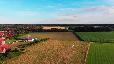 Luftdrohnenflug-über-Landwirtschaftlichen-Feldern-Mit-Weitem-Blick-über-Die-Landschaft