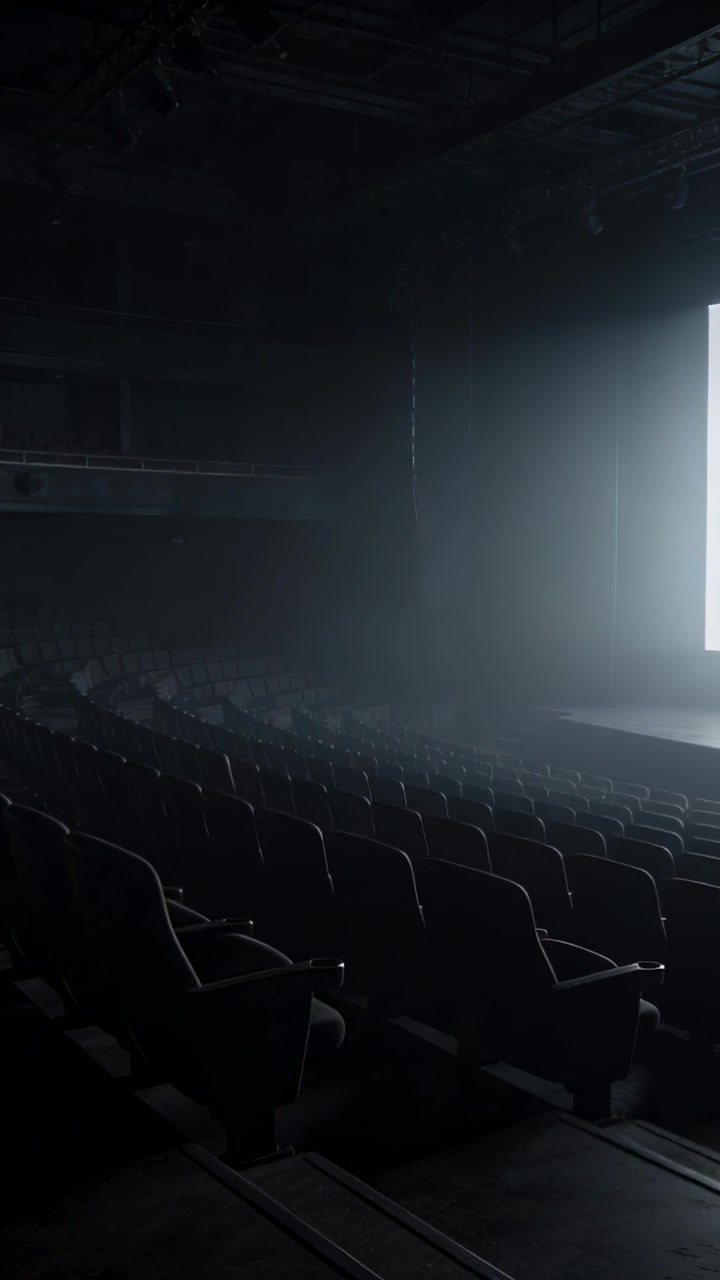 Video verticale: Telecamera in movimento che rivela posti vuoti in un cinema, bagliore dello schermo e foschia, spazio per il testo