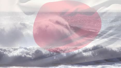 digital composition of waving japan flag against waves in the sea