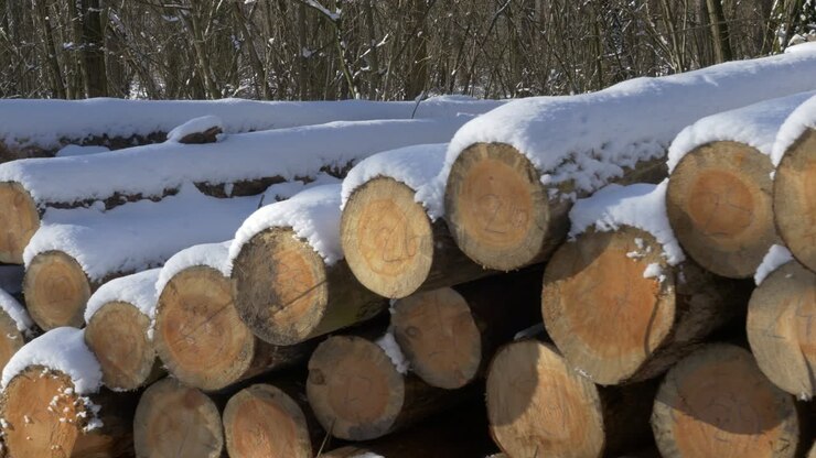 Cut trees stacked on top of each other and covered with snow.