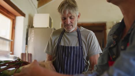 pareja caucásica mayor sonriente usando delantales y cocinando en la cocina