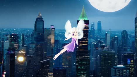 magical fairy with glowing wings soars over a modern city, illuminating the night sky with enchanting beauty