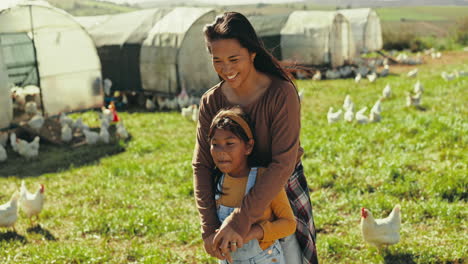 Chicken,-farm-and-mother-with-girl-in-field