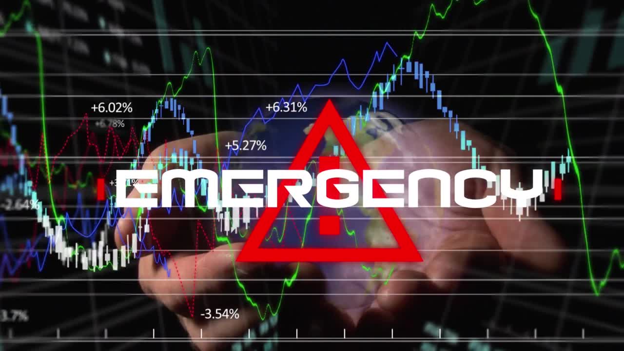 회전 하는 지구 를 들고 있는 컵 형태 의 손 위 에 긴급 문자 가 있는 주의 표지판