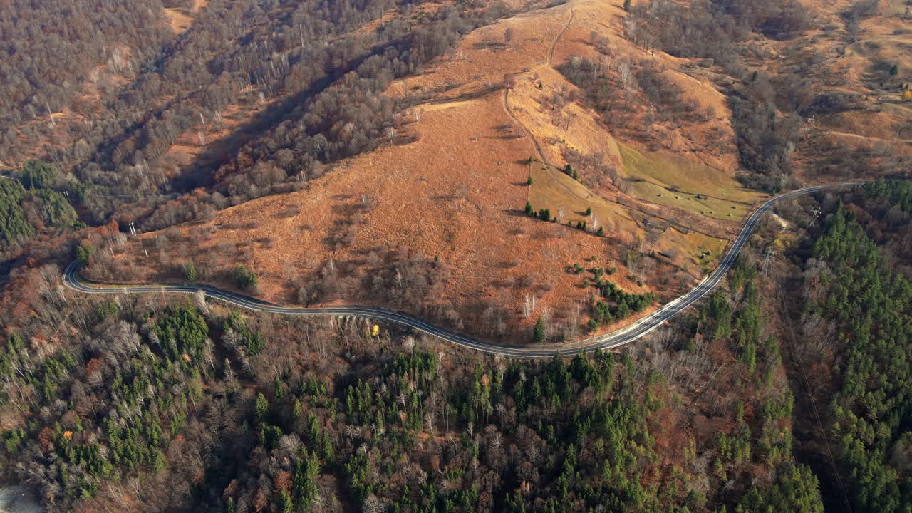 Aerial drone view of nature in Romania. Carpathian mountains, road, yellowed hill covered with forest, lake