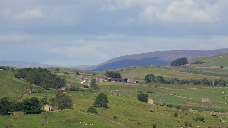 long shot Looking across to Skelton moor and Farm buildings at Downholme and Downholme viewing point