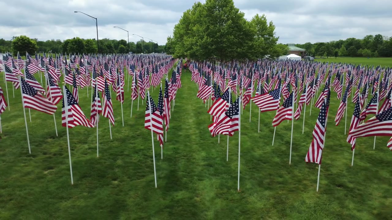 Drone shot of field of American flags in field in Westerville, Ohio