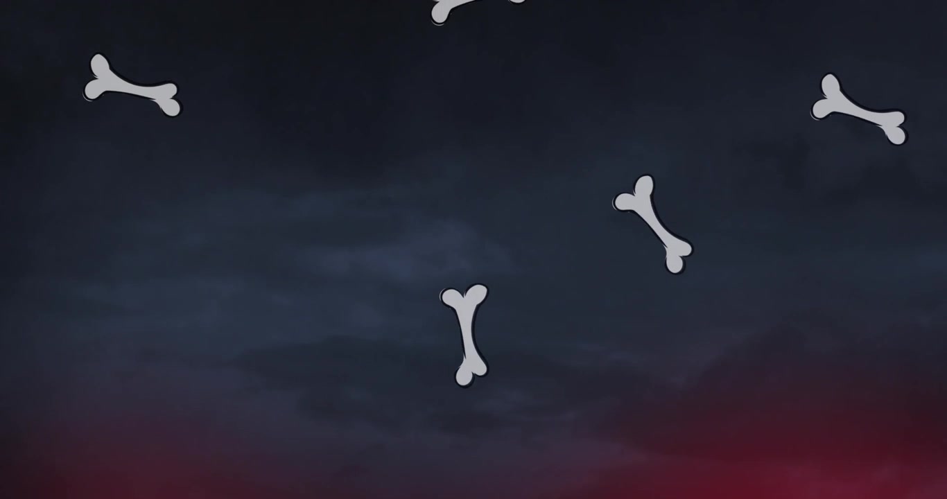 Animation af røde pletter og knogleikoner over himmel med skyer