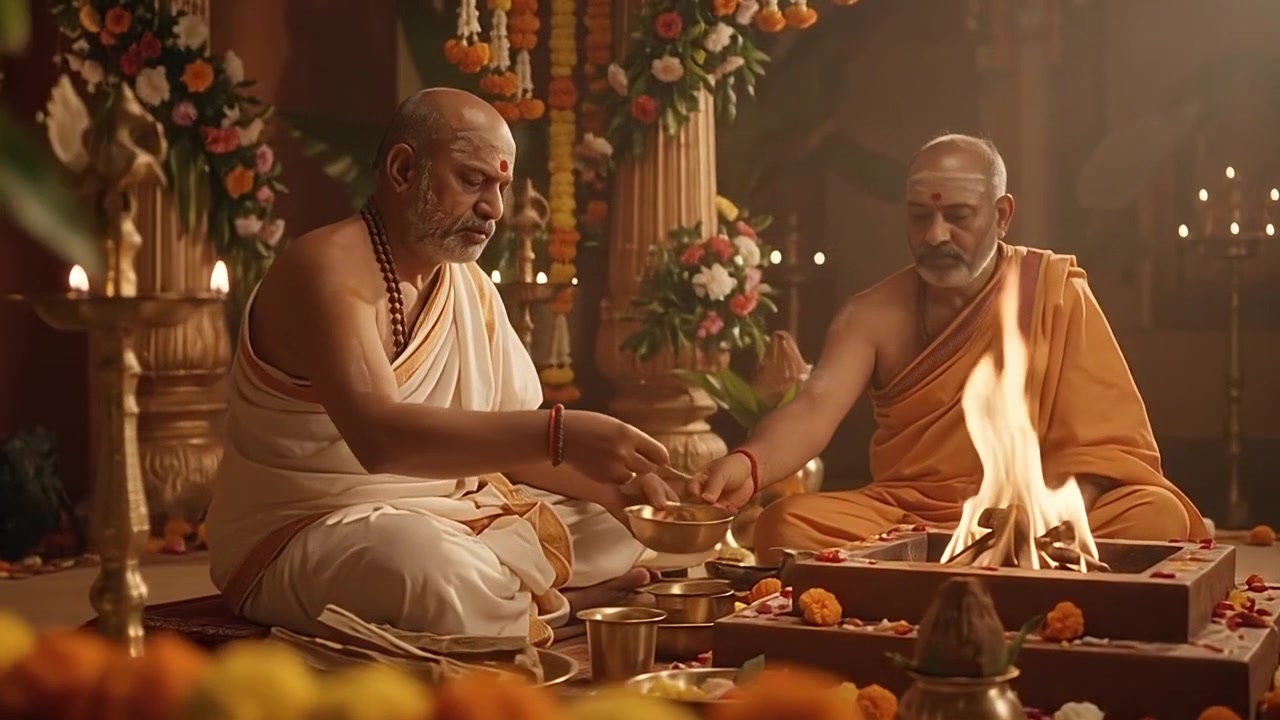 Hindu Priests Performing Traditional Yajna Ritual with Sacred Fire