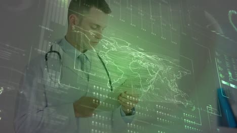 animation of data processing on digital screen over caucasian male doctor with tablet