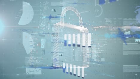 Animation-of-data-processing-and-padlock-on-blue-background