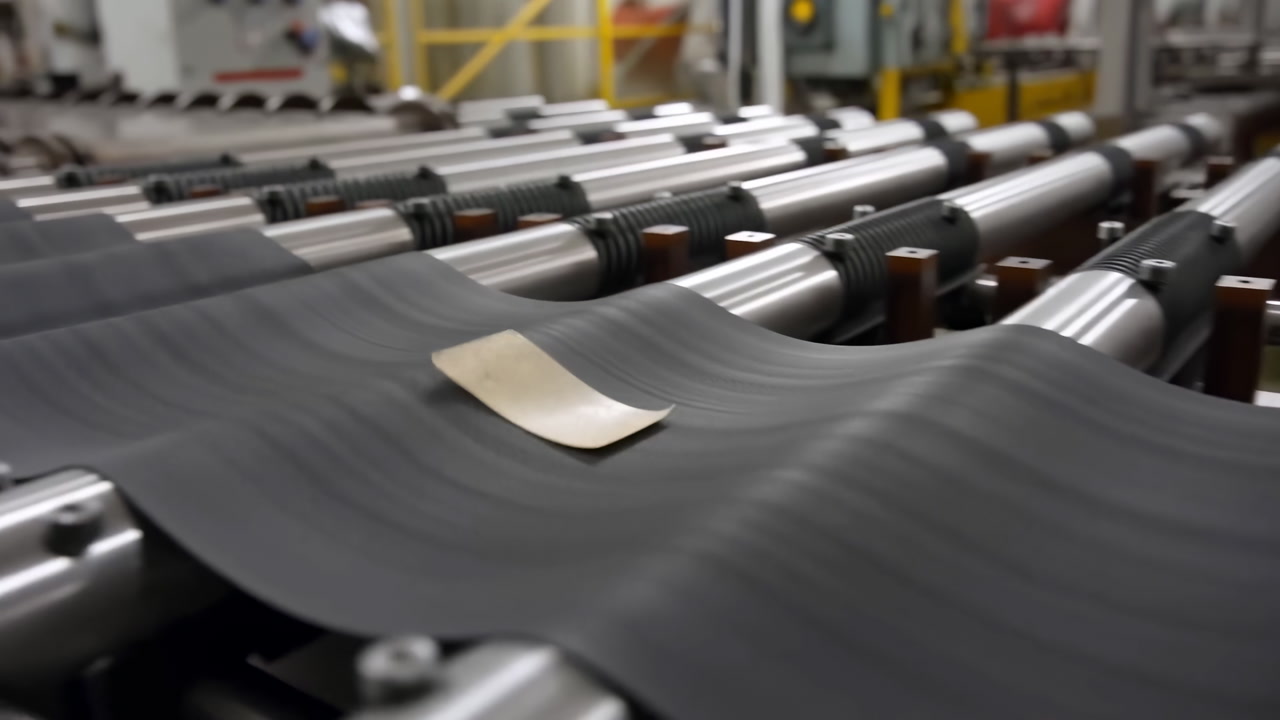 Leaf On Conveyor Rollers Factory Floor, Closeup Of Black Rubber Sheet Gliding Over Stainless Steel Rollers