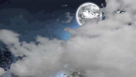 Animation-of-santa-claus-in-sleigh-with-reindeer-over-clouds-and-moon