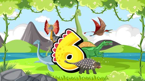 dinosaurs in a vibrant landscape interact with a large number six, blending education and animation in a lively scene