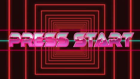 Animation-of-press-start-text-over-neon-squares-on-black-background